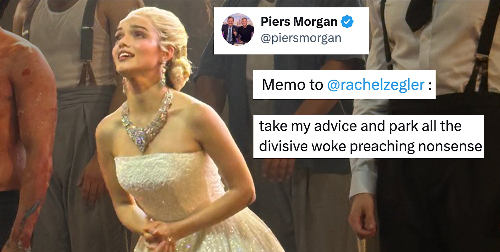 rachel zegler in evita in the west end with piers morgan tweet saying "take my advice" on it
