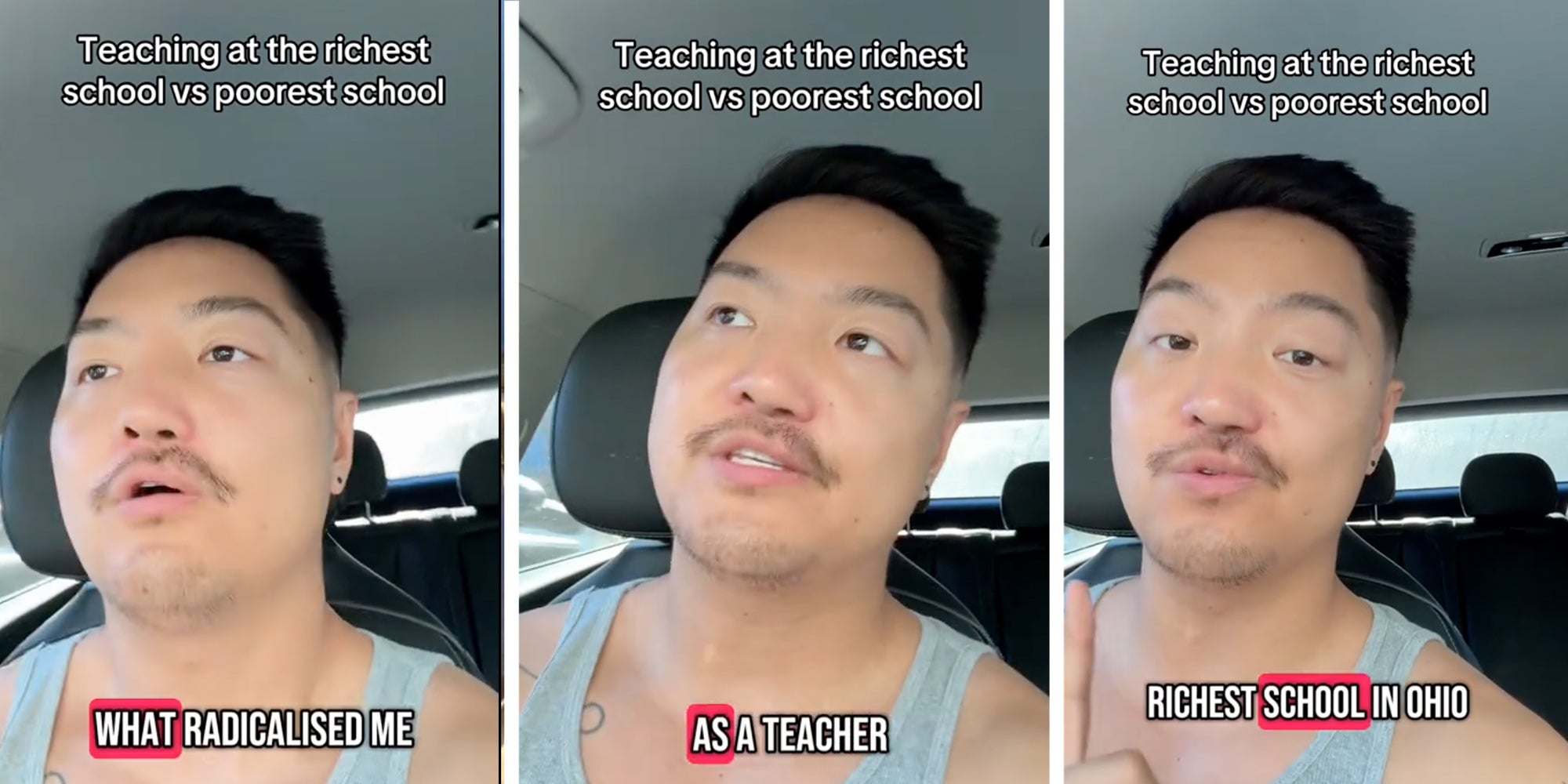 3 panel: Teacher comparing Ohio's richest and poorest schools in emotional viral video