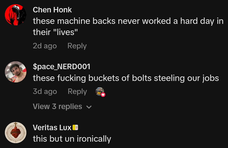 TikTok comments including one reading 'these machine backs never worked a hard day in their 'lives''