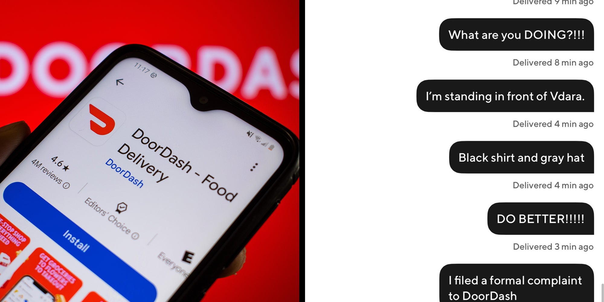 Left: Man holds smartphone with DoorDash app on Google Play. Right: Screenshot of a conversation between a rude man yelling at his DoorDash delivery driver