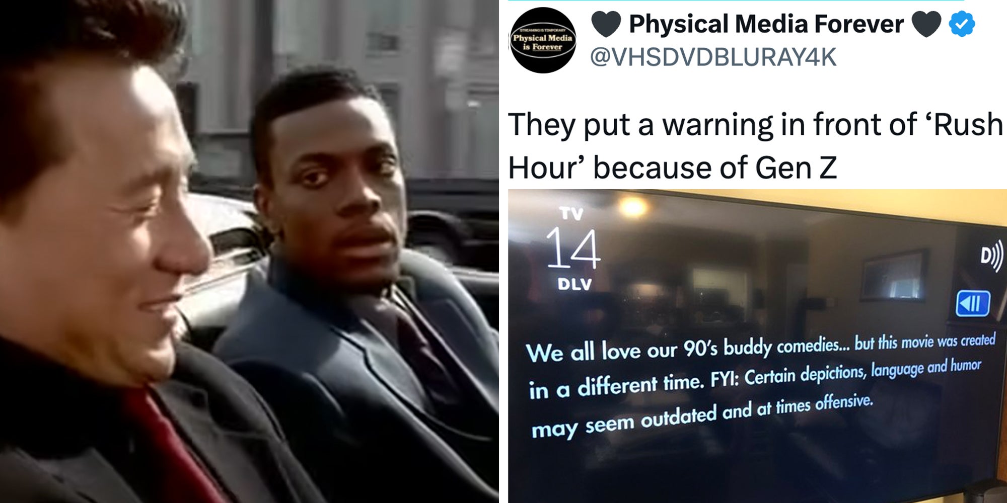 Left: Screenshot from 'Rush Hour' film of Jackie Chan and Chris Tucker in a car Right: Content warning before 'Rush Hour'