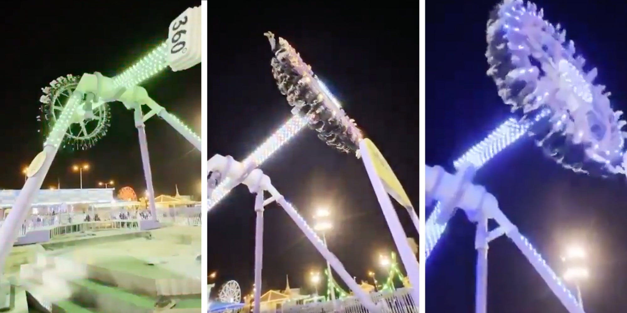 3 panel: Footage from an amusement park in Taif, Saudi Arabia, showing a ride called '360' snapping mid-swing while full of people.