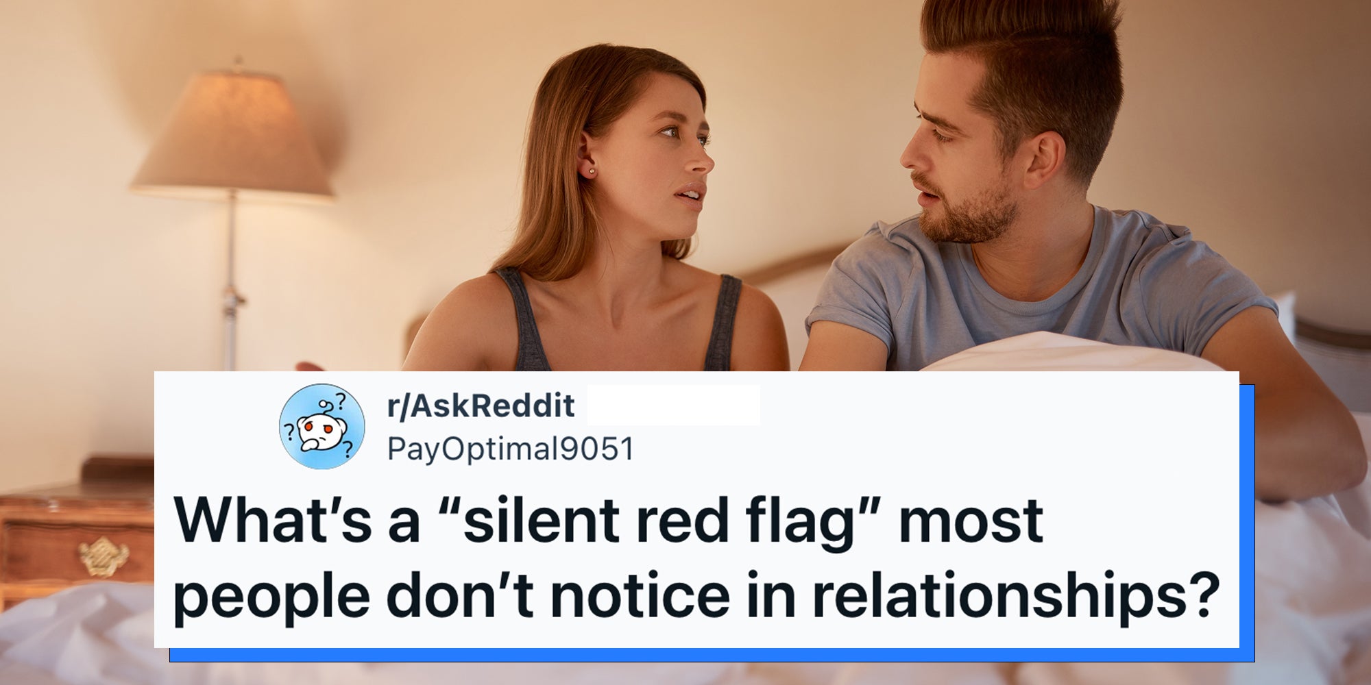 Couple fighting in bed under AskReddit overlay caption reading, 'What’s a “silent red flag” most people don’t notice in relationships?'