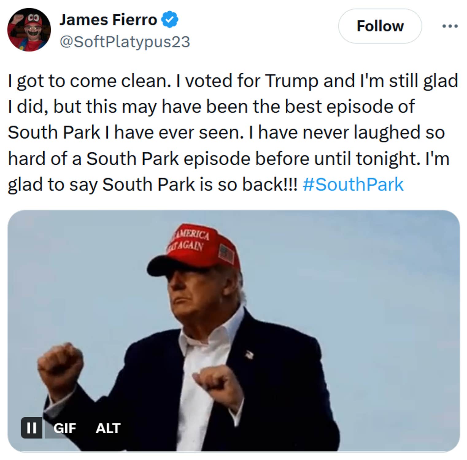 Tweet lendo 'Eu tenho que ficar limpo. Eu votei em Trump e ainda estou feliz por ter feito, mas este pode ter sido o melhor episódio de South Park que eu já vi. Eu nunca ri tanto em um episódio de South Park antes até hoje à noite. Fico feliz em dizer que South Park está de volta !!! #Southpark '