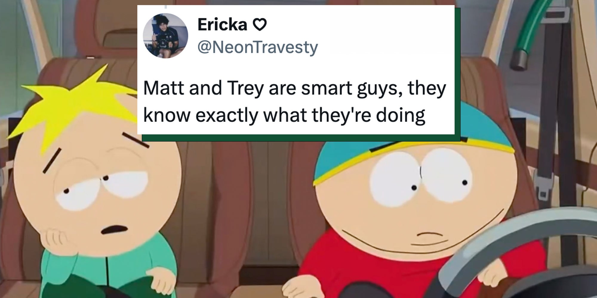 Screenshot from South Park of Cartman behind the wheel of a car next to Butters