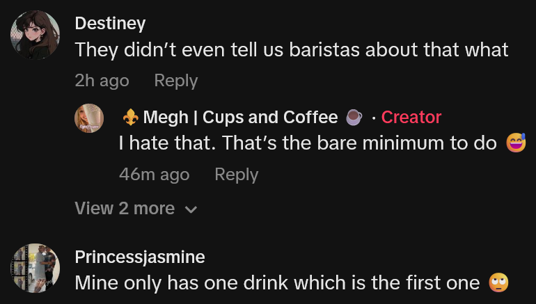 TikTok comments including one reading 'They didn’t even tell us baristas about that what'
