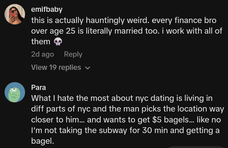 TikTok comments including one reading 'this is actually hauntingly weird. every finance bro over age 25 is literally married too. i work with all of them'
