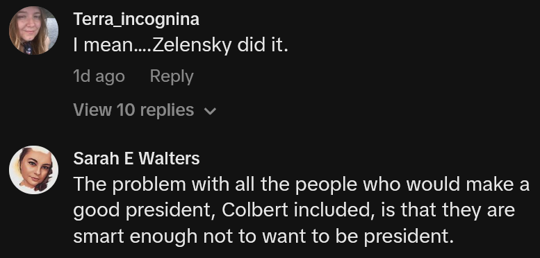 TikTok comments including one reading 'I mean….Zelensky did it.'