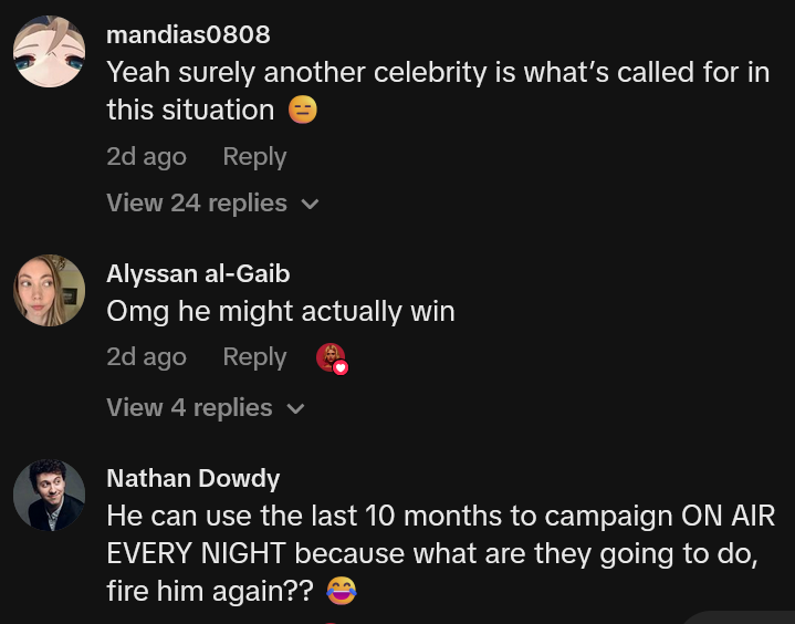 TikTok comments including one reading 'Yeah surely another celebrity is what’s called for in this situation'