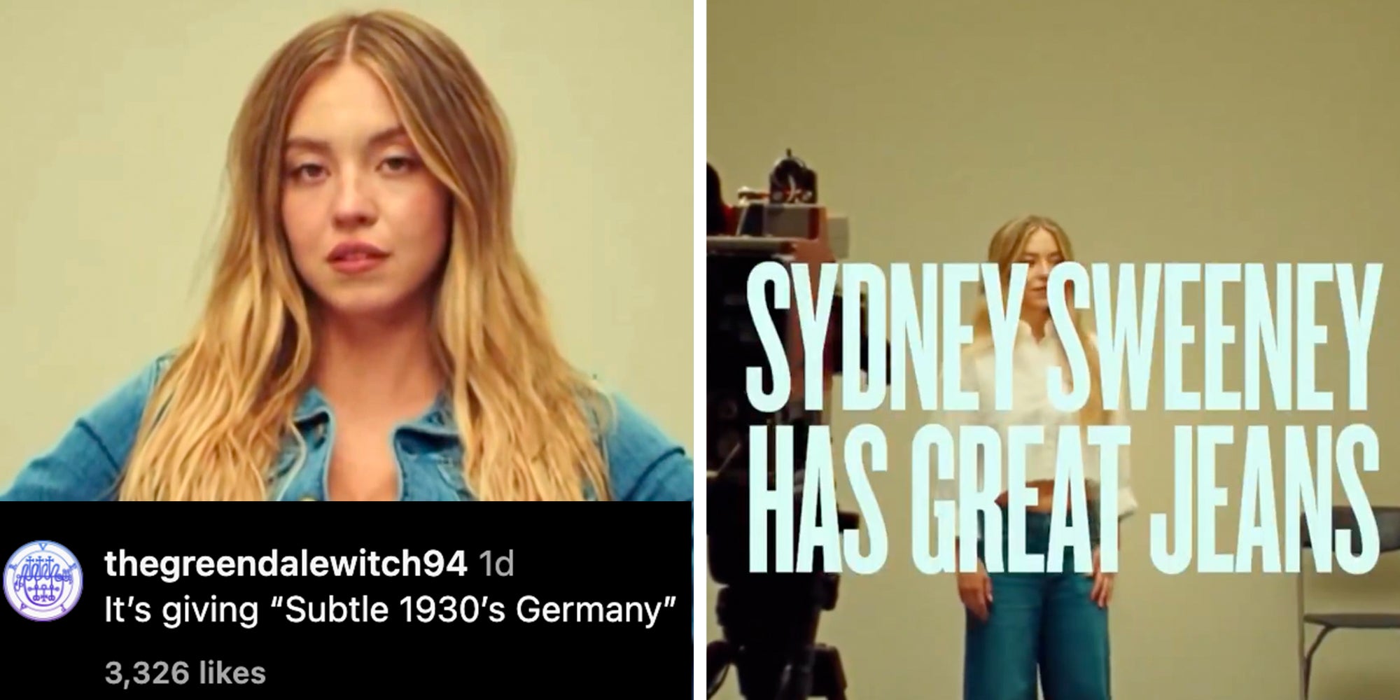 Sydney Sweeney Has Great Jeans advertisement with Instagram comment overlay reading 'It’s giving 'Subtle 1930’s Germany''