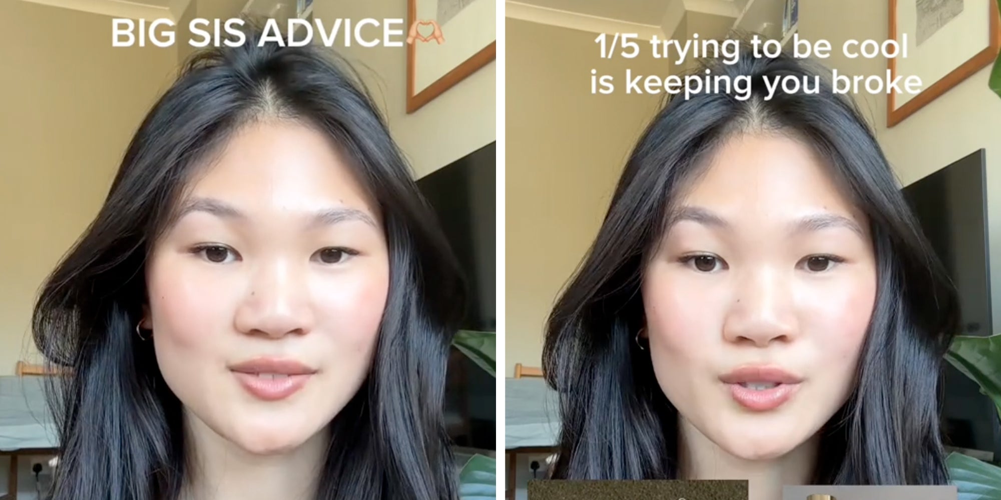 Woman looking into camera under caption reading 'BIG SIS ADVICE' listing five things that are keeping you broke