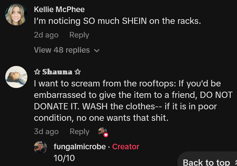 TikTok comments including one reading 'I want to scream from the rooftops: If you'd be embarrassed to give the item to a friend, DO NOT DONATE IT. WASH the clothes-- if it is in poor condition, no one wants that shit.'