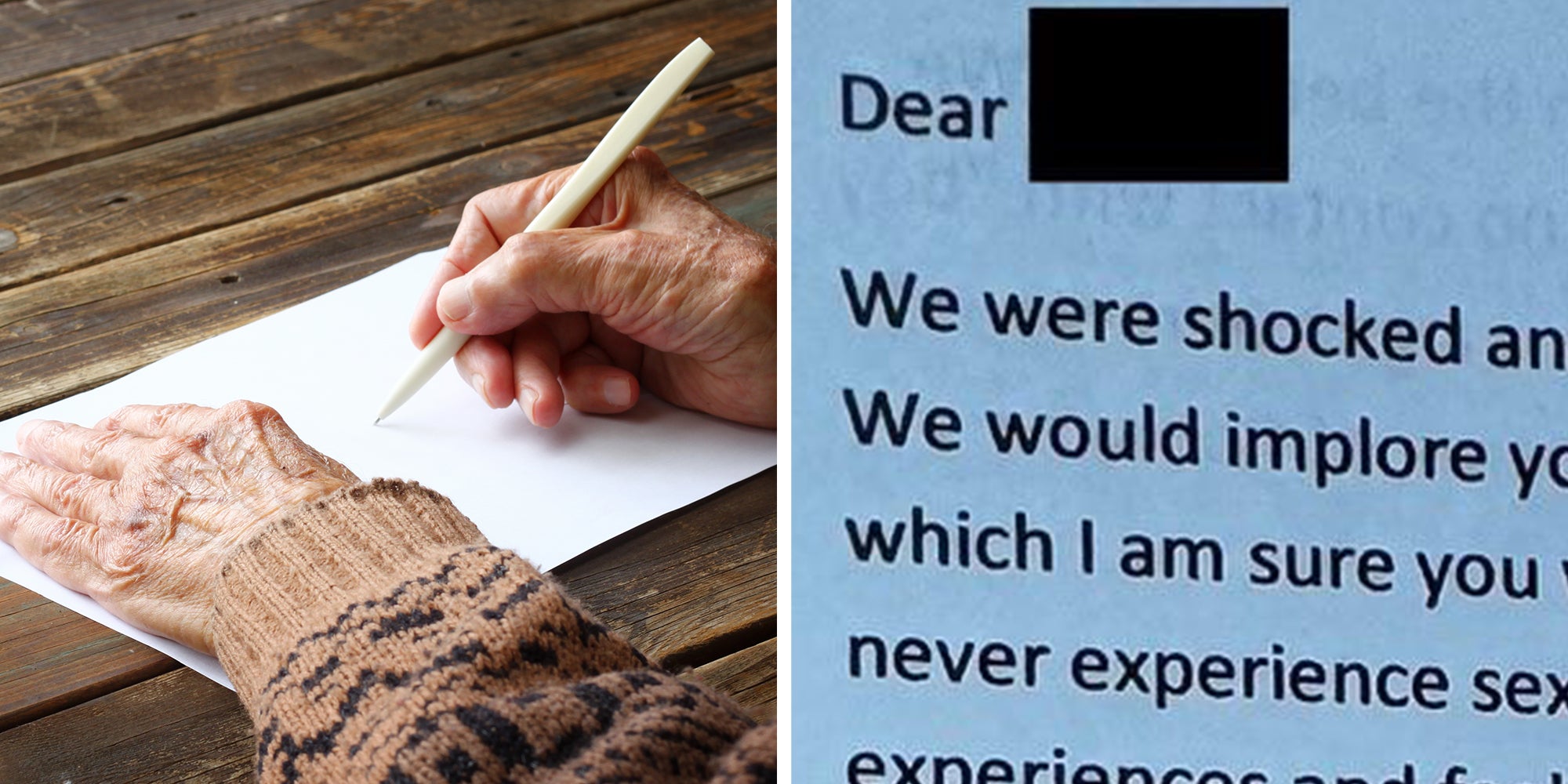 Left: Close up of elderly male hands on wooden table . writing on blank paper Right: Letter from transphobic grandparents