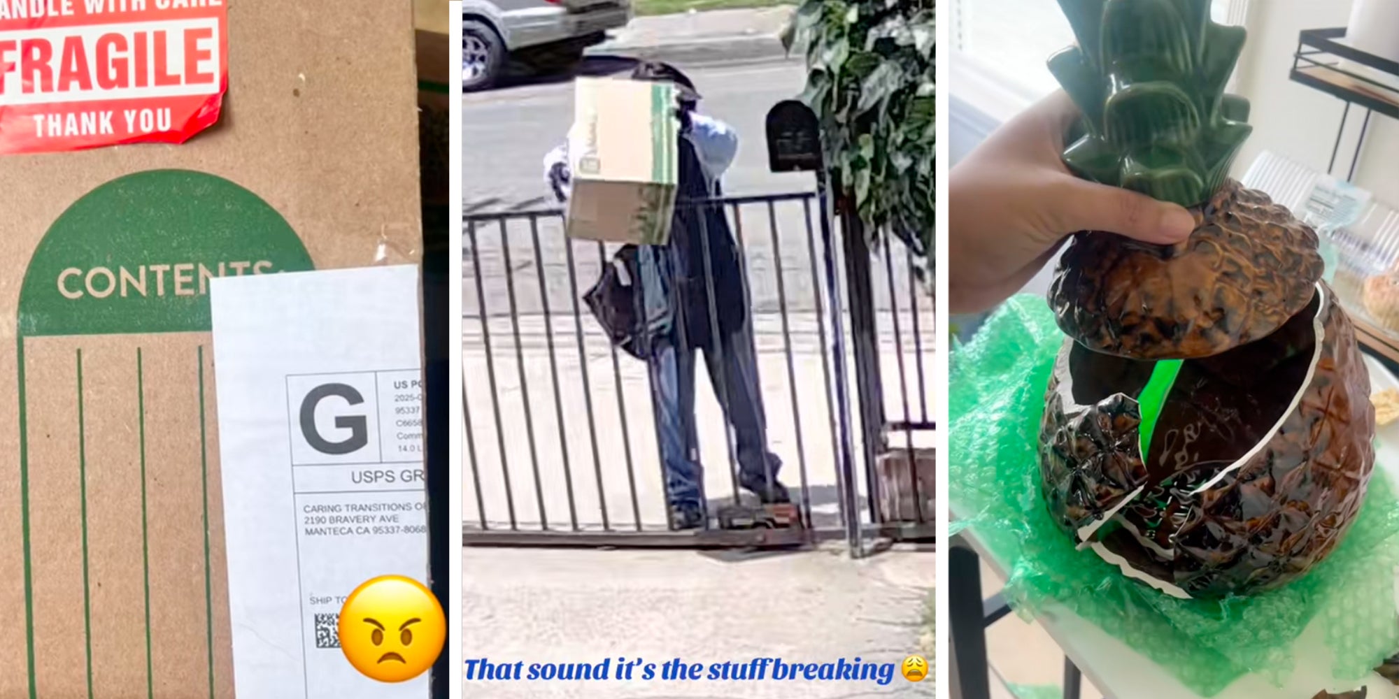 3 panel: Left: USPS box showing Fragile sticker Middle: Postal worker dropping box over fence Right: Broken pineapple