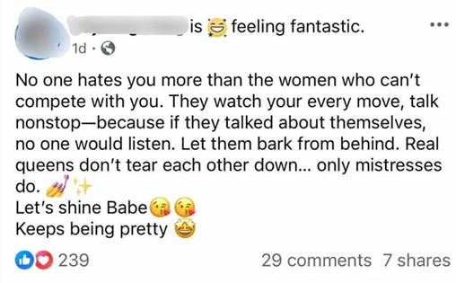 Facebook post reading 'No one hates you more than the women who can't compete with you. They watch your every move, talk nonstop-because if they talked about themselves, no one would listen. Let them bark from behind. Real queens don't tear each other down… only mistresses do.'