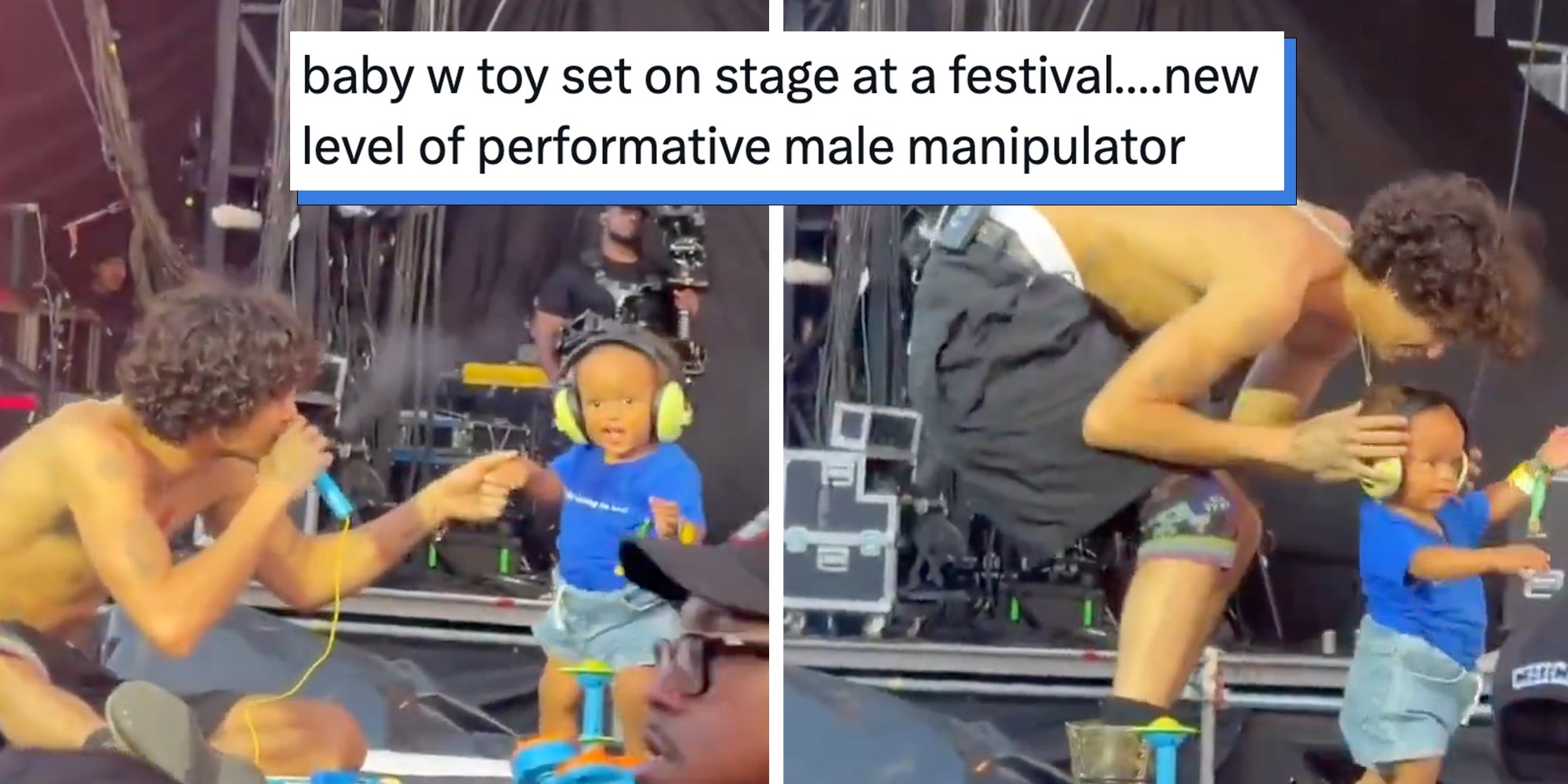 Tweet reading "baby w toy set on stage at a festival….new level of performative male manipulator." overlaid over Dominic Fike brought out his son onstage during his Lollapalooza set.