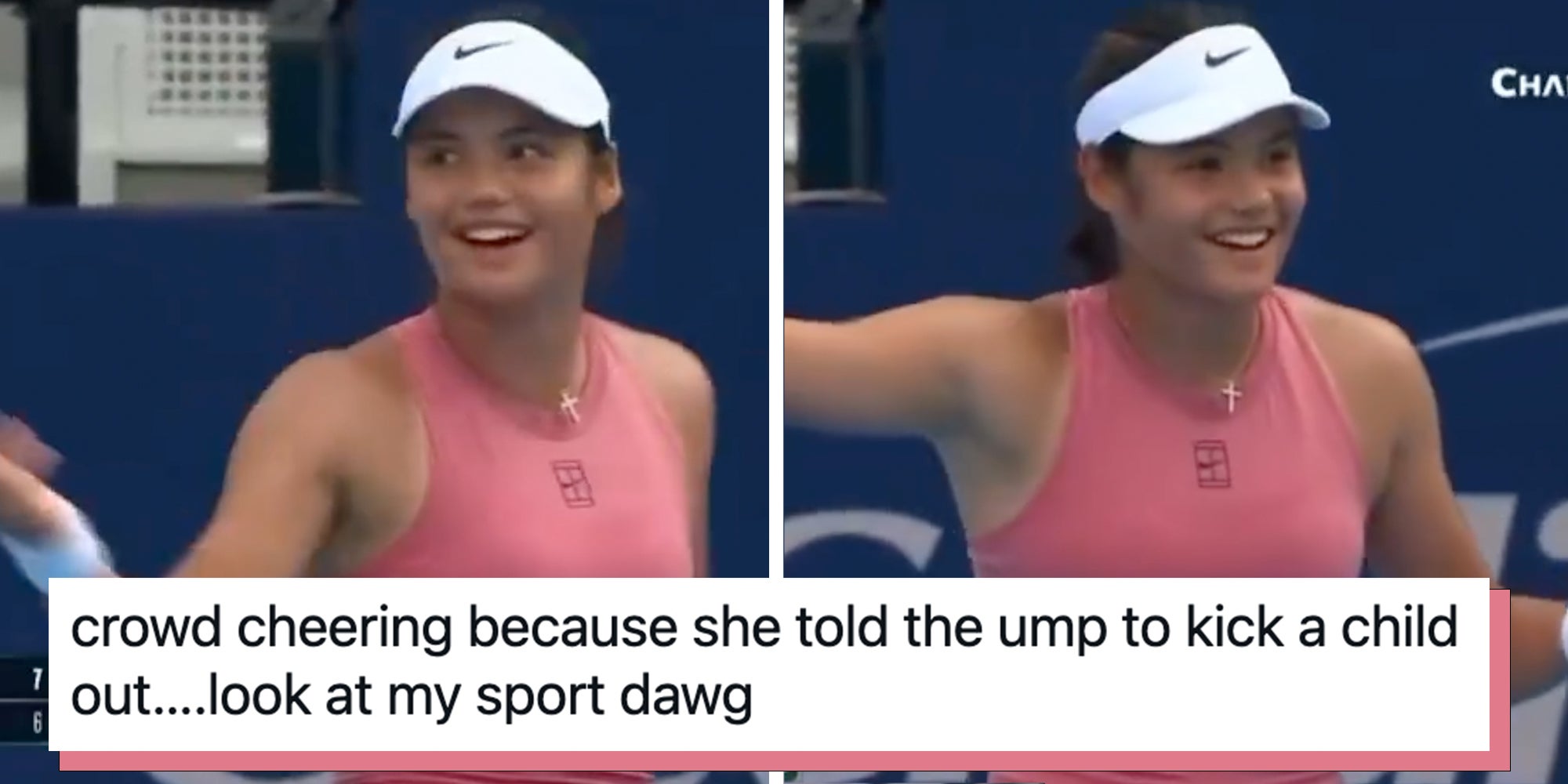 British tennis star Emma Raducanu paused her match at the Cincinnati Open on Monday after a baby’s cries rang out for 10 minutes, disrupting play against world No. 1 Aryna Sabalenka. Caption overlay reads 'crowd cheering because she told the ump to kick a child out….look at my sport dawg.'