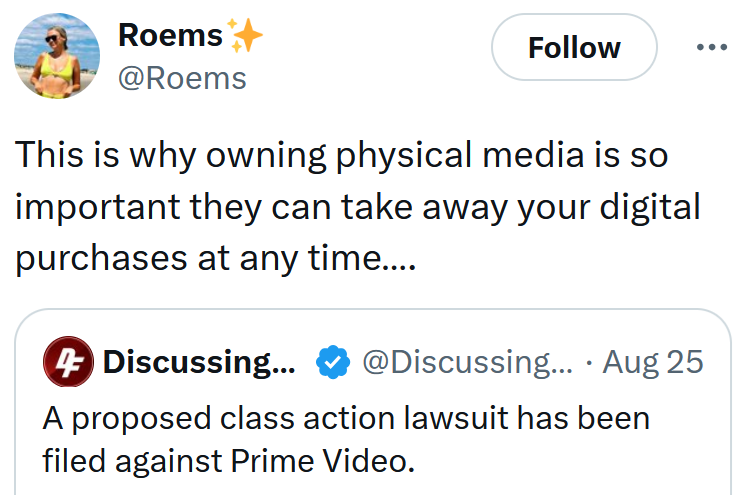 Tweet reading 'This is why owning physical media is so important they can take away your digital purchases at any time….'