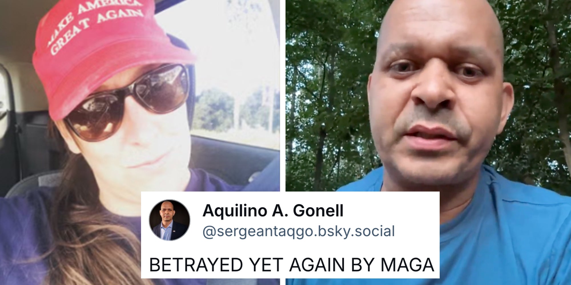 Left: January 6 rioter Ashli Babbitt in her car wearing a red MAGA hat. Right: Sergeant Aquilino A. Gonell looking into the camera. Post overlay from Gonell reads, 'Betrayed yet again by MAGA.'