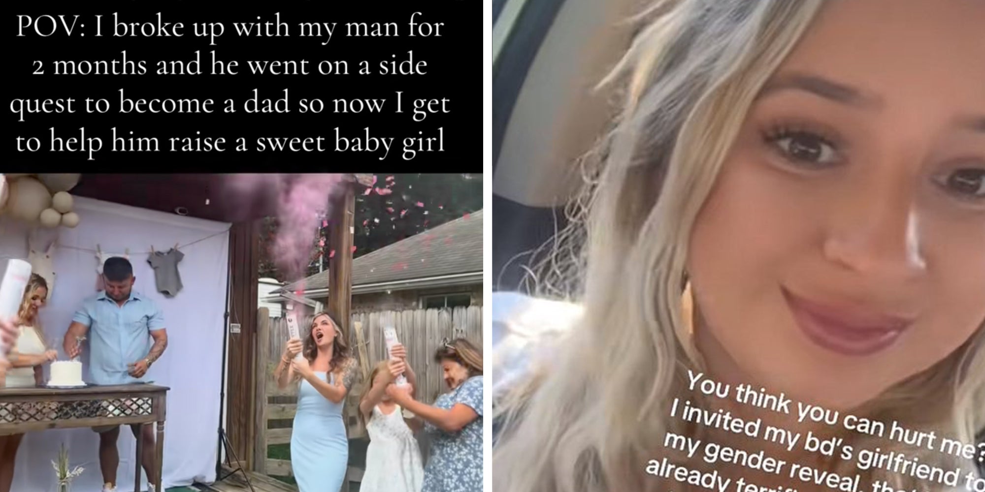 Left: Gender reveal party under caption reading: 'POV I broke up with my man for 2 months and he went on a side quest to become a dad so now I get to help him raise a sweet baby girl.' Right: Woman looking into camera and smiling