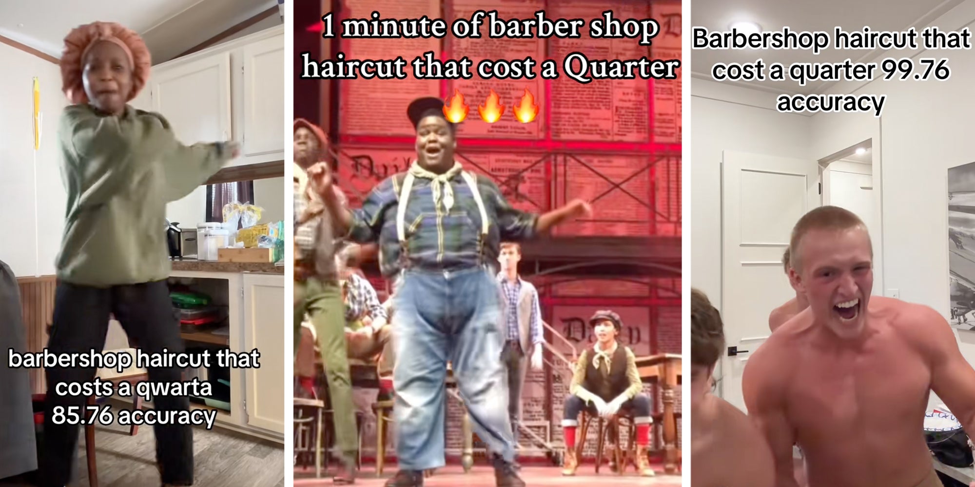 3 Panel: Left: Woman dancing doing the barbershop haircut that costs a quarter accuracy meme. Middle: Actor Kevin James Sievert delivering the line during the song 'King of New York' in a Wisconsin production. Right: Shirtless man dancing doing the barbershop haircut that costs a quarter accuracy meme.