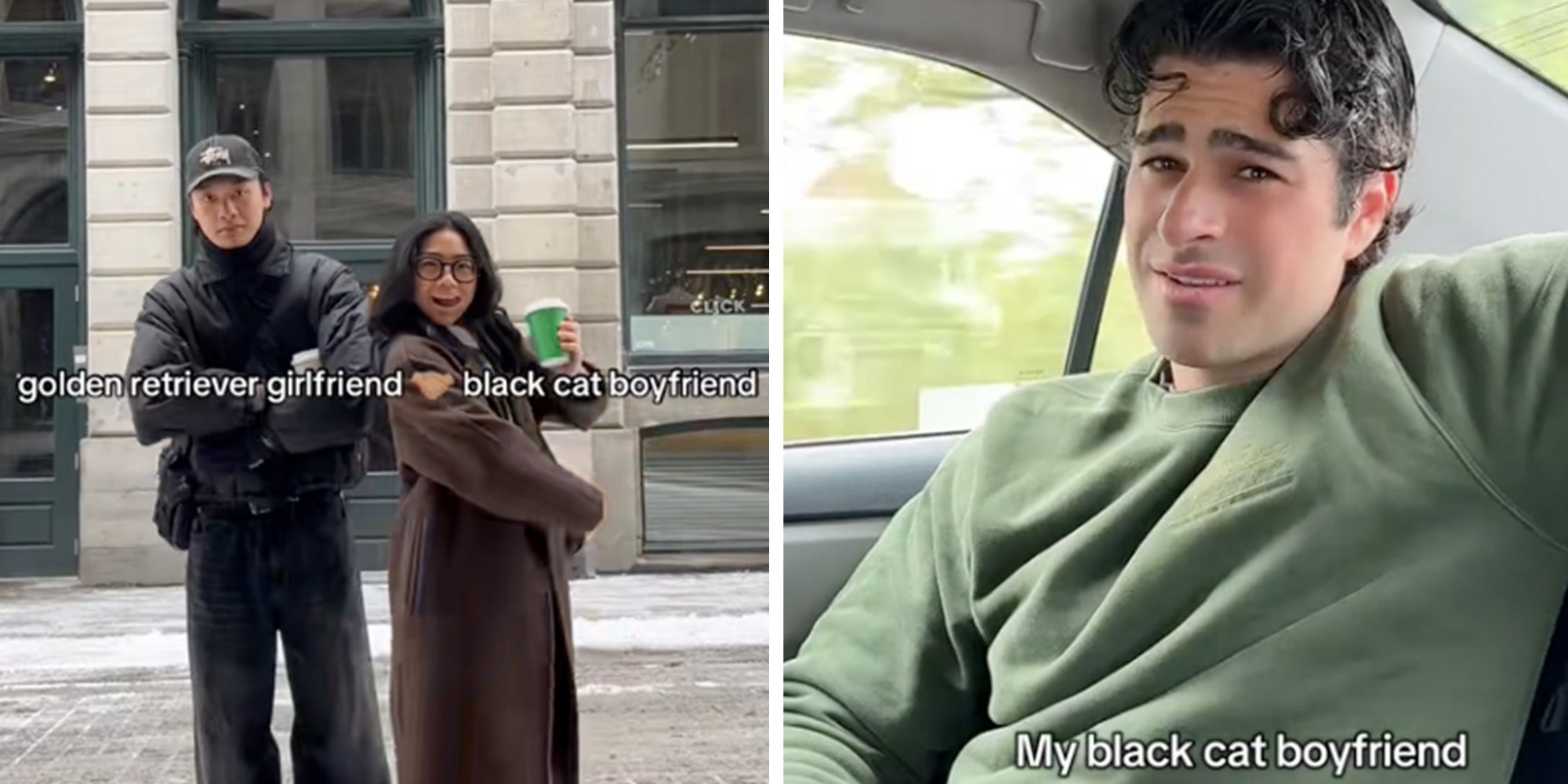 Left: Couple standing side by side, text overlay reads 'Golden Retriever girlfriend (shaking hands emoji) black cat boyfriend' Right: Man sitting in the backseat of a car in a green crewneck looking incredulous, text overlay reads 'My black cat boyfriend.'