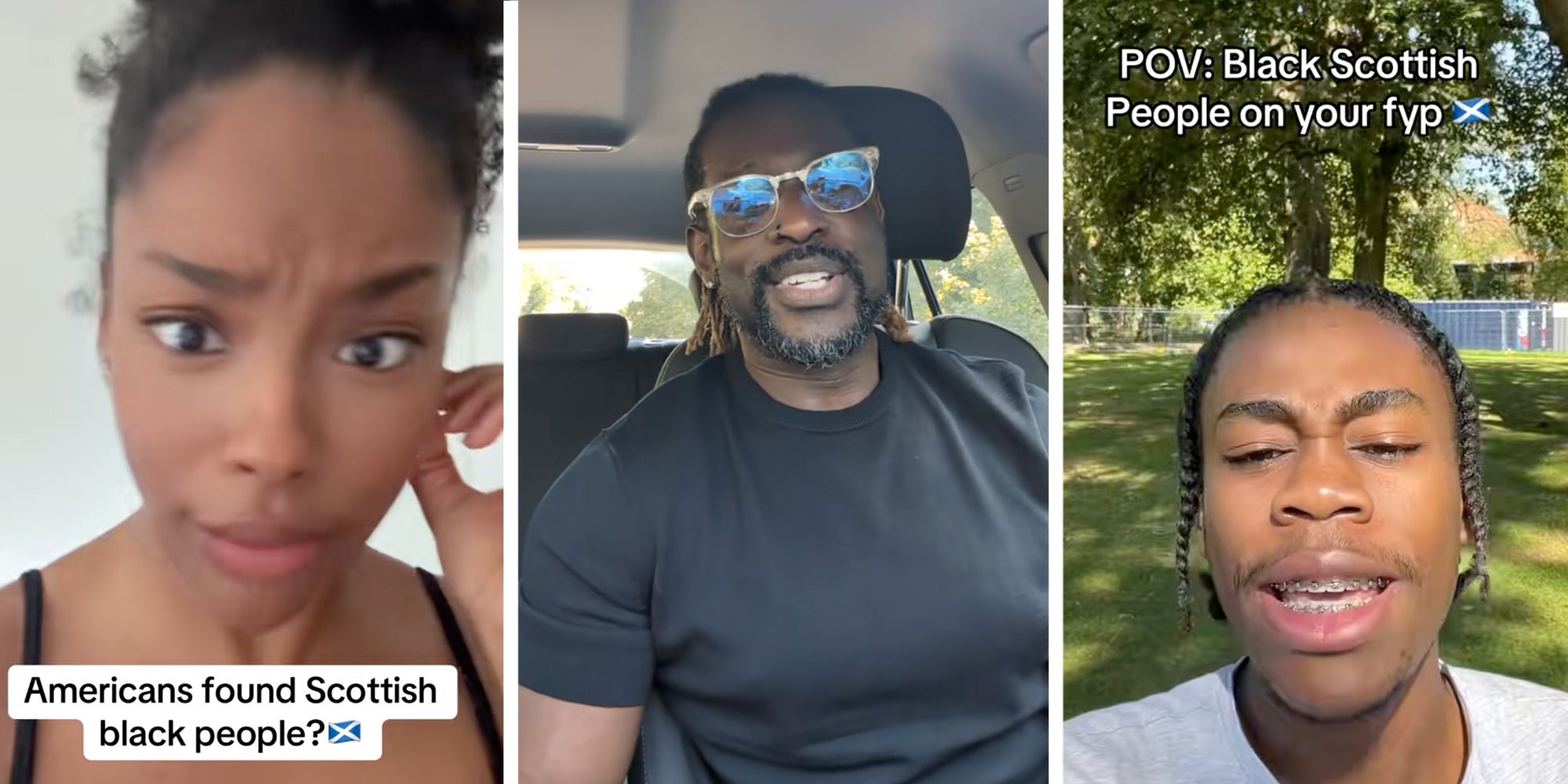 3 Panel image: Left: Woman looking into the screen with a bemused expression, caption overlay reads 'Americans found Scottish black people?'. Middle: Black man in glasses and black shirt looking into the camera in a car. Right: Black man with braces looking into camera, caption overlay reads 'Black Scottish people on your fyp.'