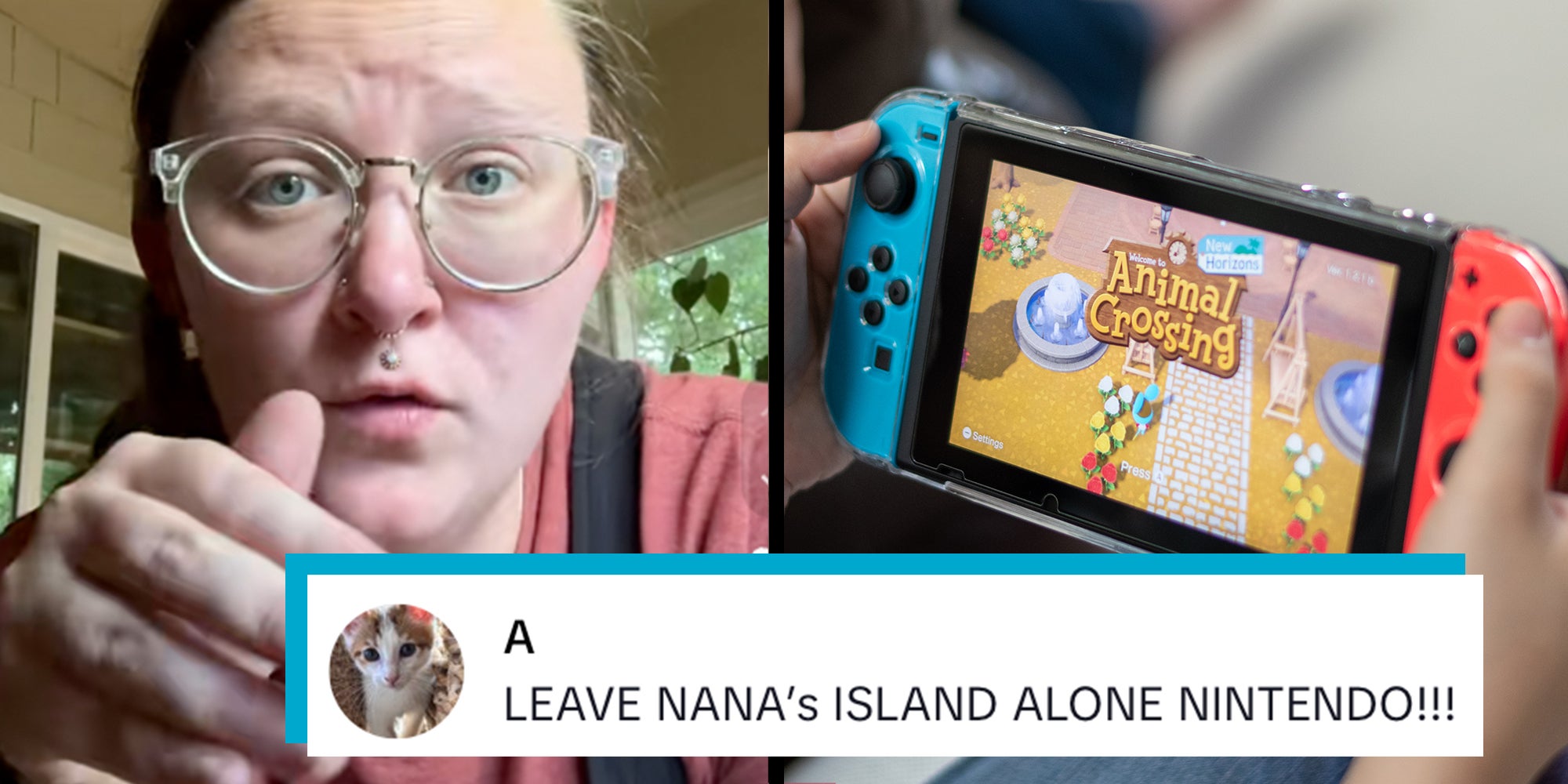 Left: Woman in glasses and a septum ring talking into the camera about her grandma playing Animal Crossing on Switch. Right: Animal crossing game popular Nintendo switch with joy controllers family friend activity playing together. Caption overlay reads 'Leave nana's island alone Nintendo!!!'