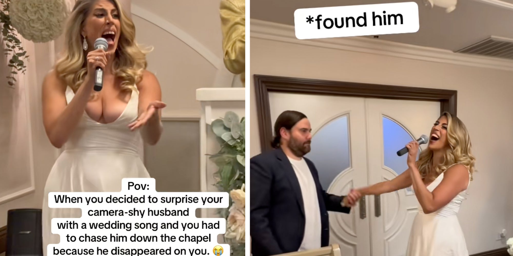 Left: Bride in a Vegas chapel in the middle of singing a song, caption overlay reads 'When you decide to surprise your camera-shy husband with a wedding song and you had to chase him down the chapel because he disappeared on you.'  Right: Bride holding groom's hand in chapel, caption overlay reads 'found him.'