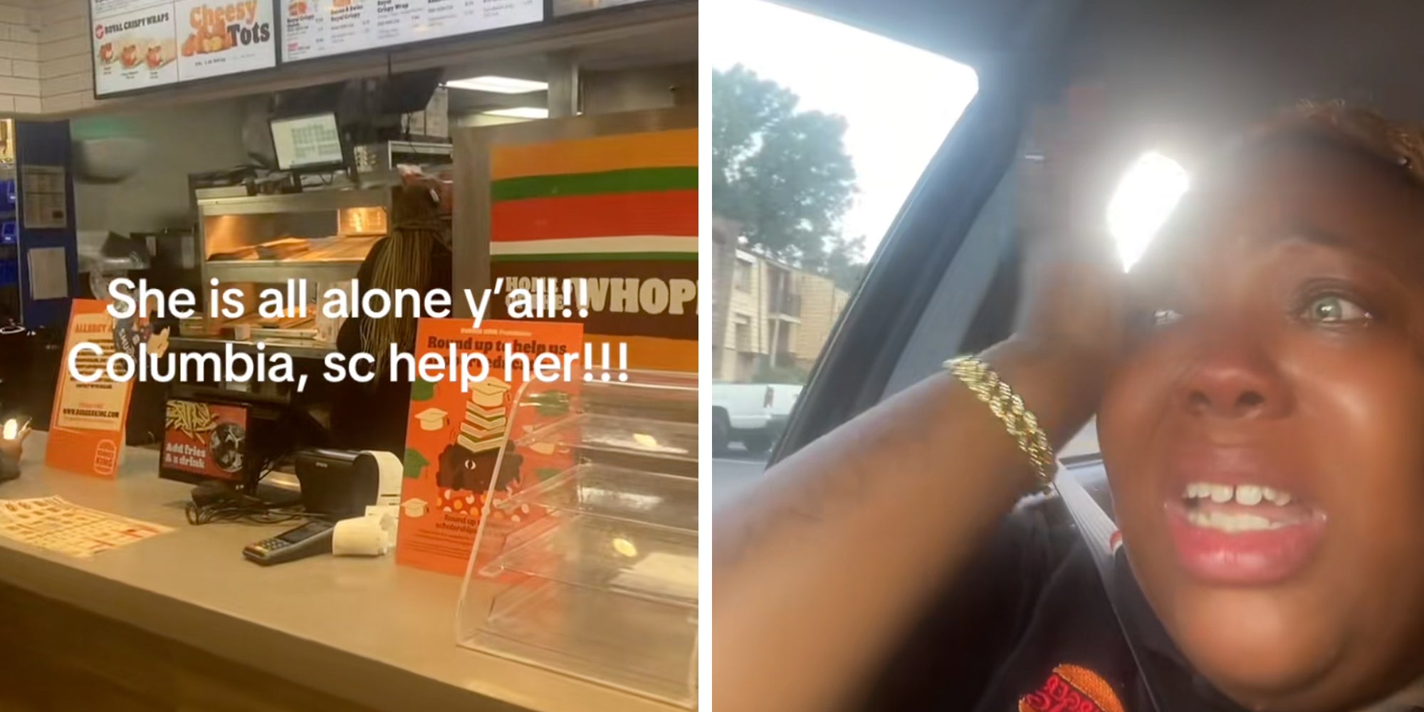Burger King mom Nykia Hamilton working a solo shift at a Columbia, South Carolina location. Caption overlay reads, 'She isa ll alone y'all!! Columbia, SC, help her!!!' Right: Burger King mom Nykia Hamilton crying in her car after being fired.