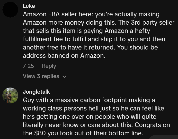 TikTok comments including one reading 'Guy with a massive carbon footprint making a working class persons hell just so he can feel like he’s getting one over on people who will quite literally never know or care about this. Congrats on the $80 you took out of their bottom line.'