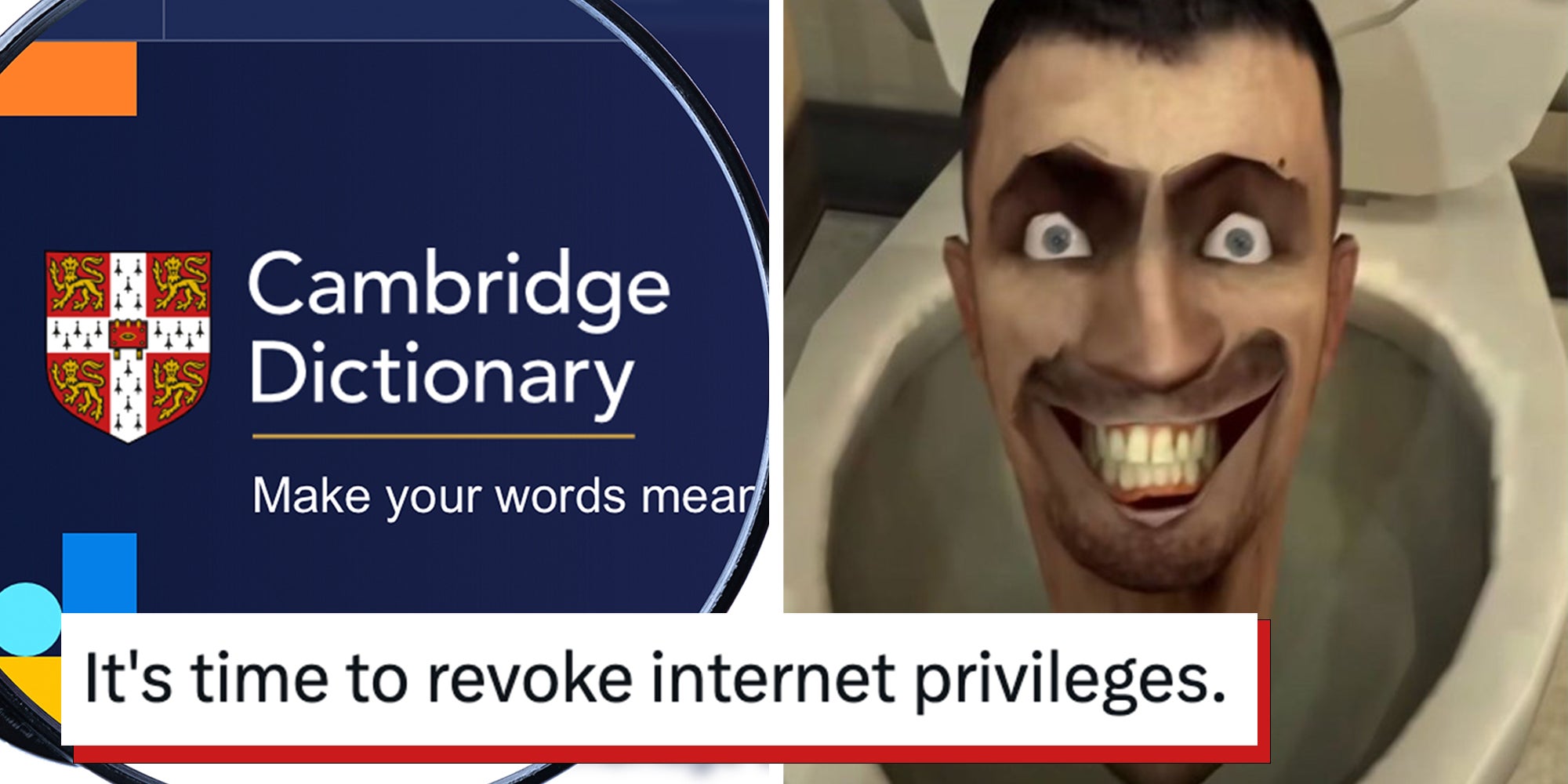 Left: Cambridge Dictionary website page. Dictionary.cambridge.org logo on display screen Right: Skibidi toilet