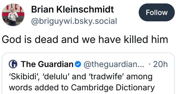 Bluesky post reading 'God is dead and we have killed him'