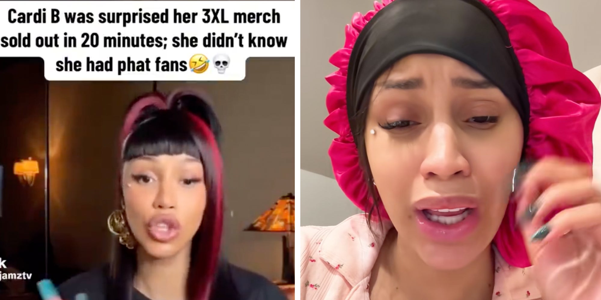 Left:Rapper Cardi B speaking into camera under text caption reading ''Cardi B was surprised her 3XL merch sold out in 20 minutes; she didn't know she had fat fans.' Right: Cardi B speaking into camera