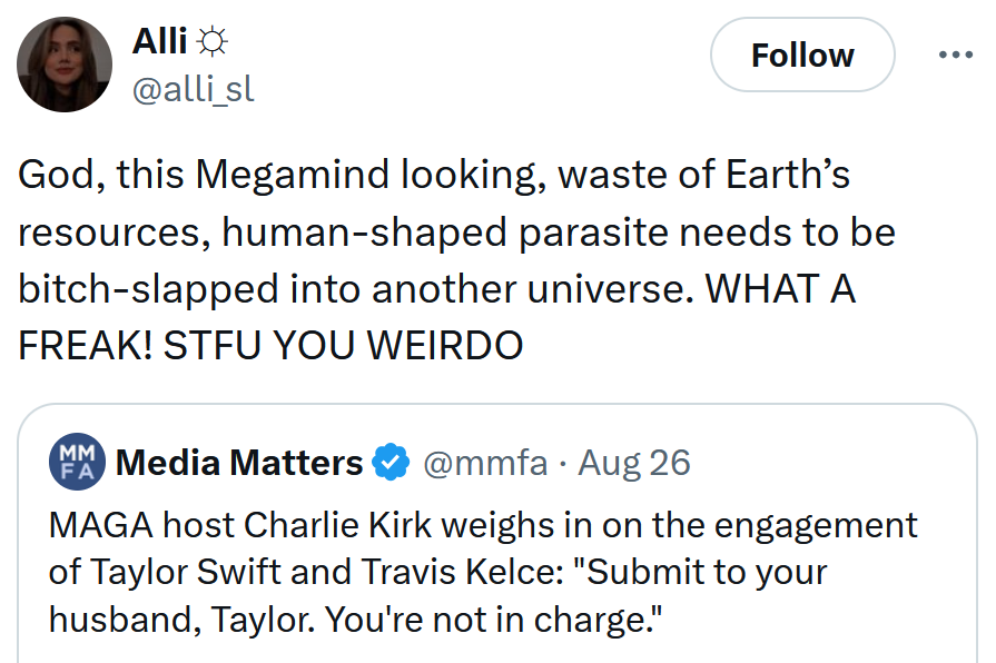 Tweet reading 'God, this Megamind looking, waste of Earth’s resources, human-shaped parasite needs to be bitch-slapped into another universe. WHAT A FREAK! STFU YOU WEIRDO'