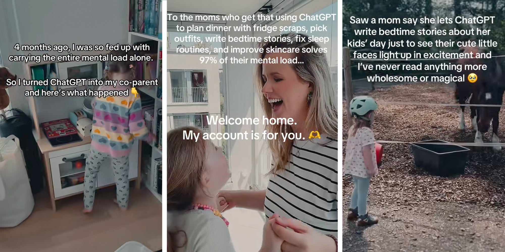 3 panel: Mom @heylilianschmidt on TikTok showing how she uses ChatGPT to help 'co-parent' her 3-year-old daughter
