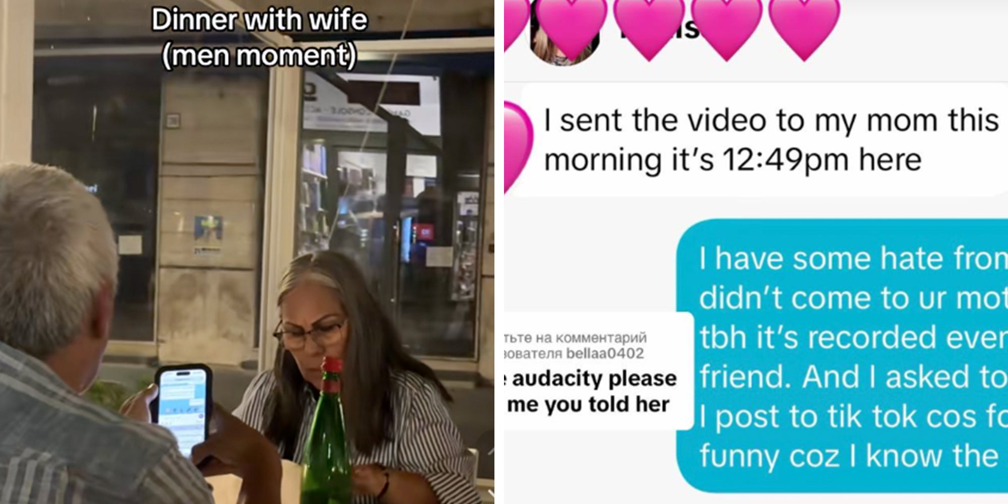 Left: Man messaging other women while at dinner with his wife, sitting across from him. Right: screenshot of text conversation, text reads "I sent the video to my mom this morning it's 12:40pm here."