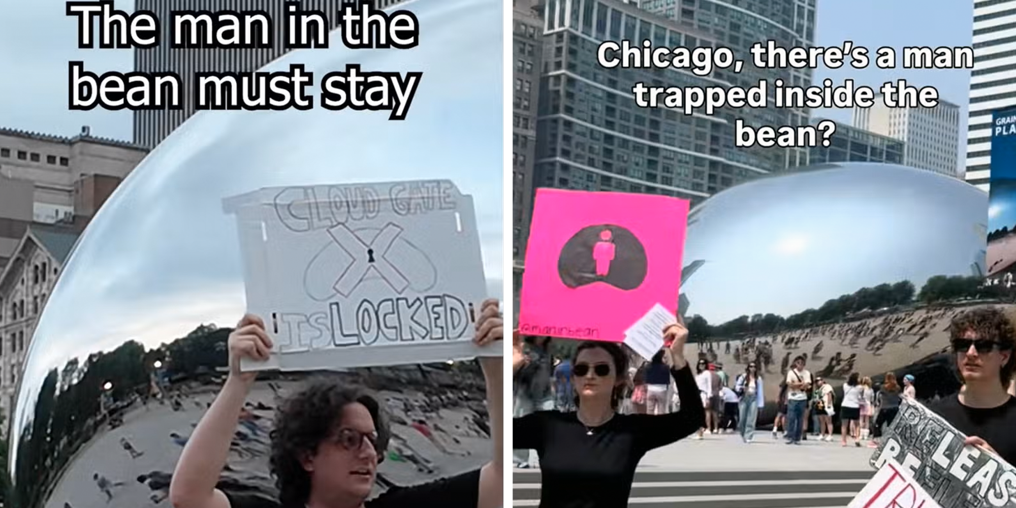 Left: Protestor in front of Chicago's The Bean statue holding a sign reading 'Cloud gate is locked.' Caption overlay reads 'The man in the bean must stay.' Right: Protestors holding signs in front of Chicago's The Bean statue. Caption overlay reads 'Chicago, there's a man trapped inside the bean?'