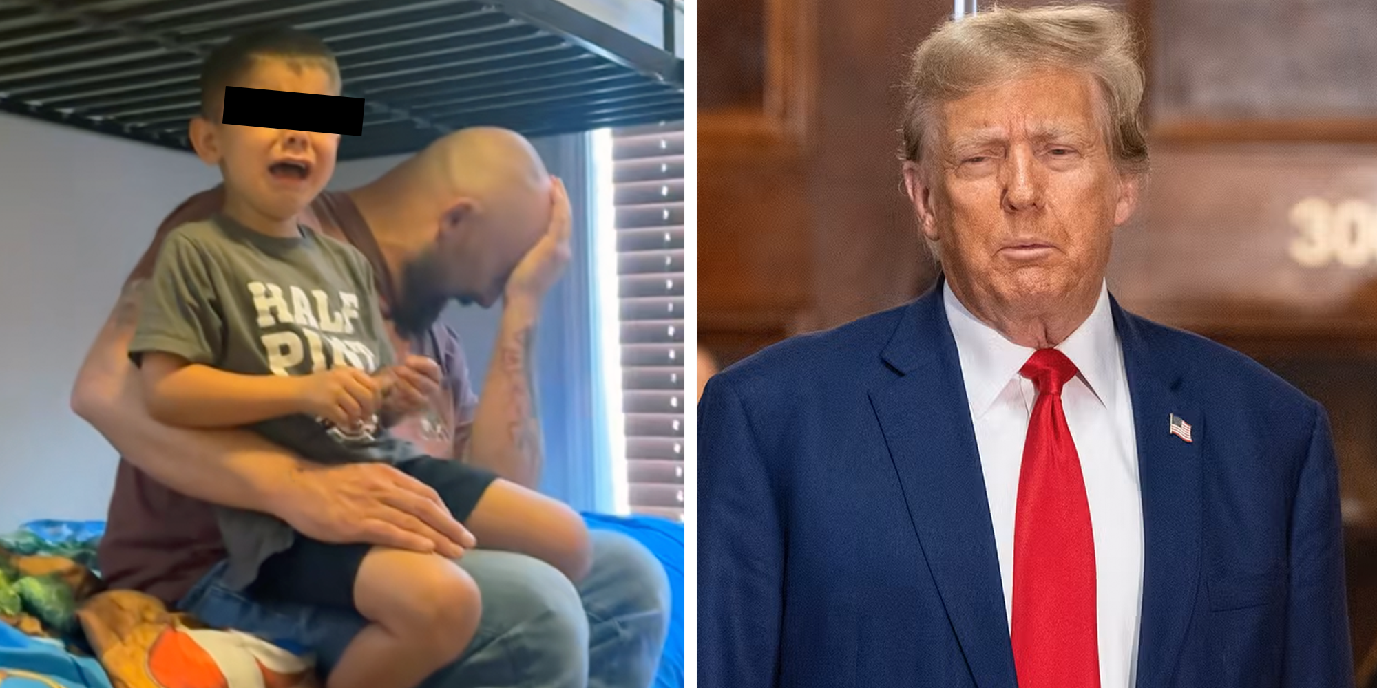 Left: Little boy sitting on his father's lap in a bunk bed. Right: President Donald Trump speaks to the press.