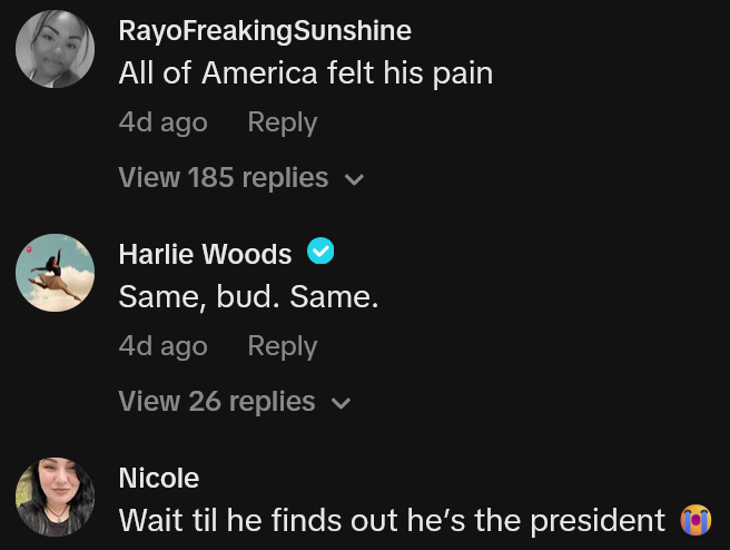 TikTok comments including one reading 'All of America felt his pain'