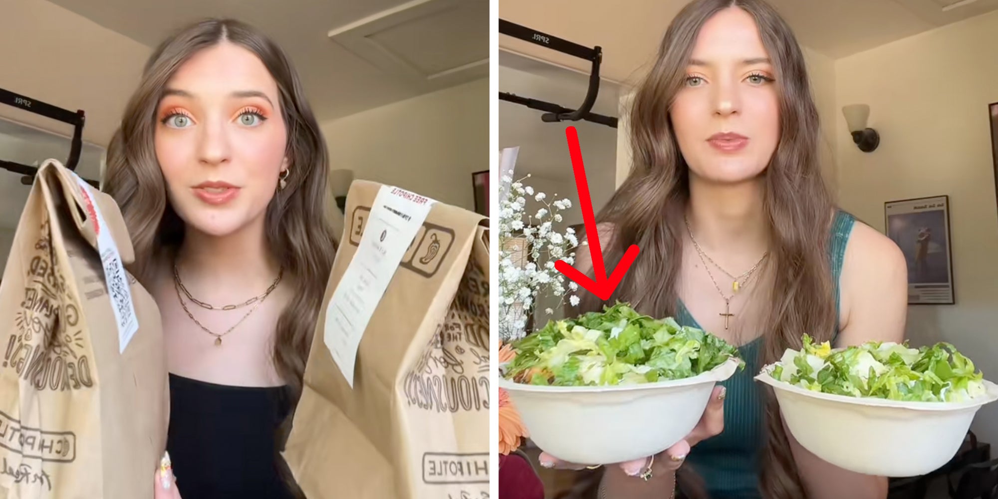 Left: A woman holding up two takeout bags. Right: A woman holding up two takeout bowls filled with salads.