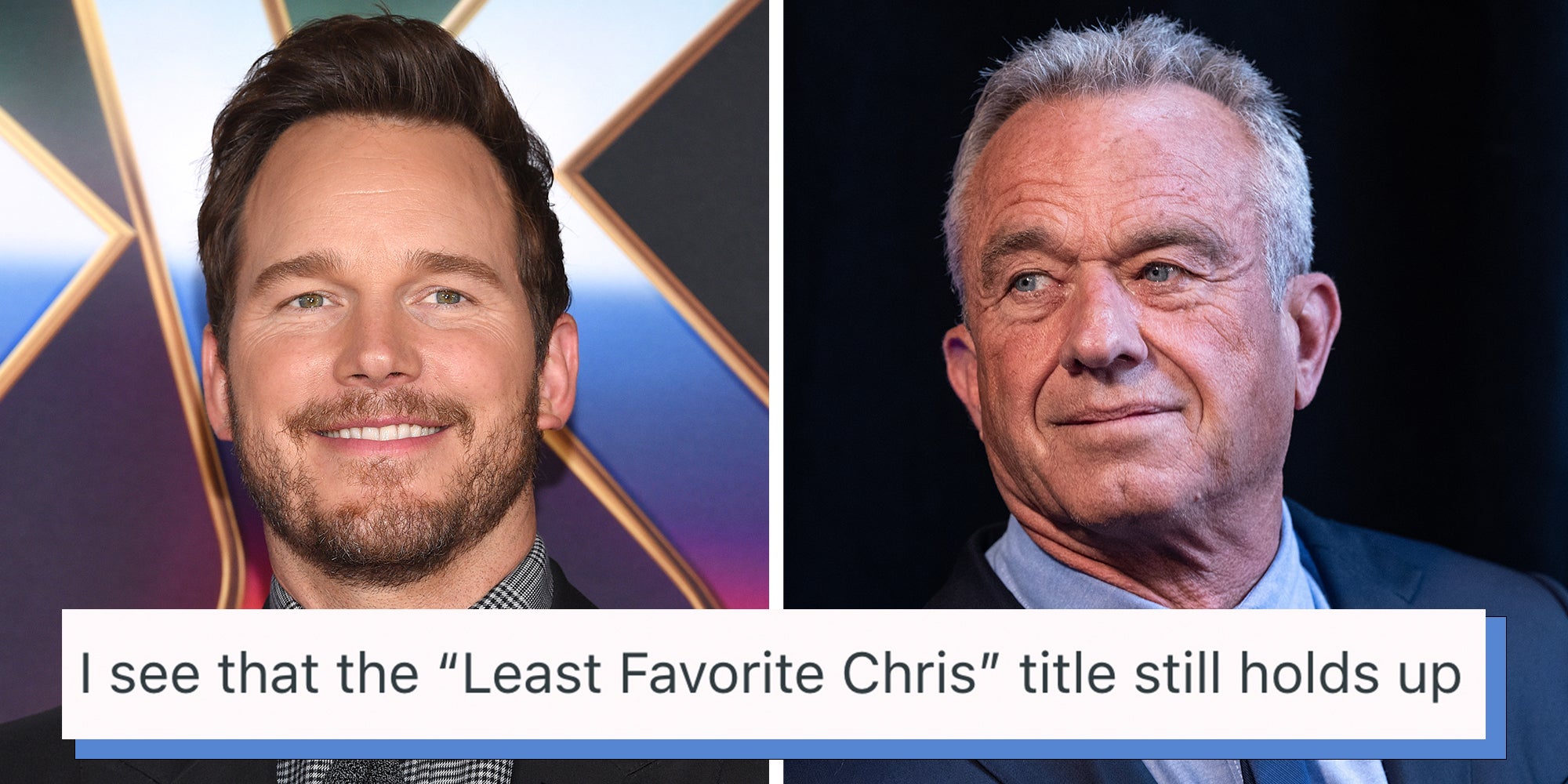Left: Actor Chris Pratt smiling during the ‘THOR: Love and Thunder’ World Premiere on June 23, 2022 in Hollywood, CA. Right: Robert F. Kennedy Jr. announced 'No Spoiler' pledge for the upcoming elections at a campaign stop in Brooklyn, NY on May 1, 2024. Caption overlay reads: "I see that the “Least Favorite Chris” title still holds up."