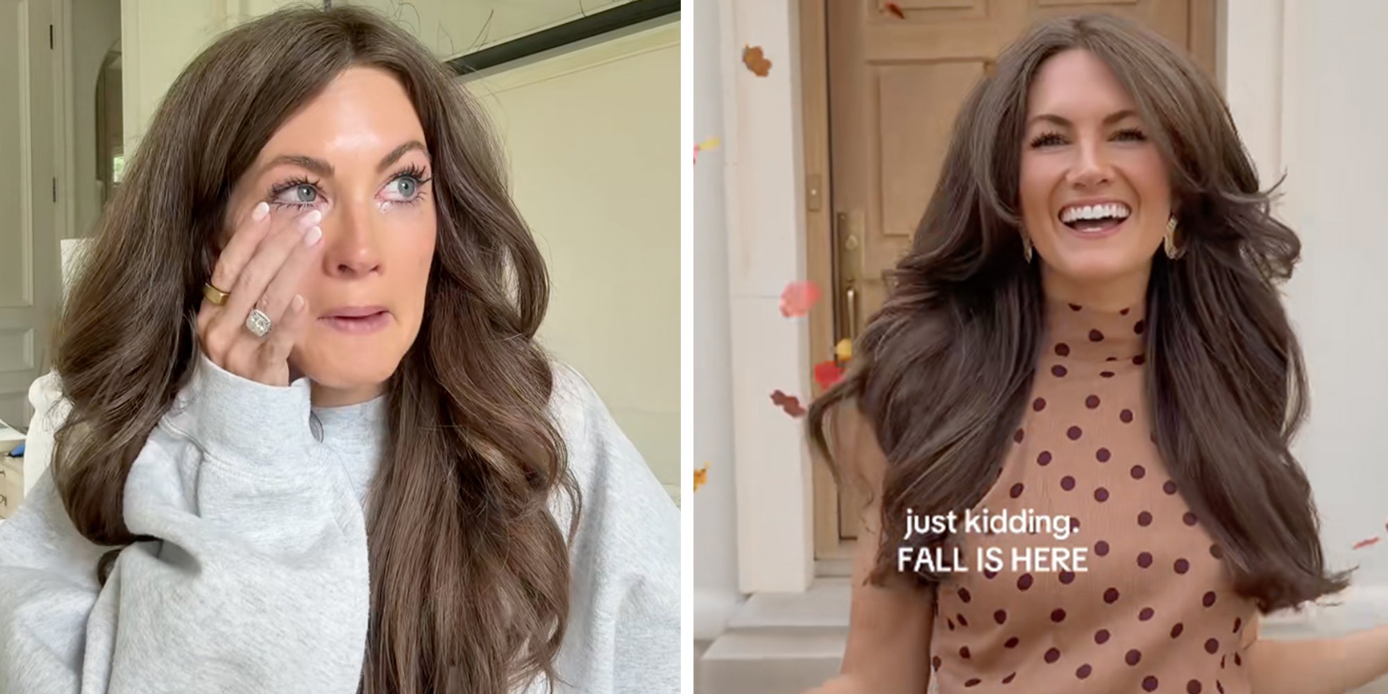 Left: Caitlin Covington, the face of the Christian Girl Autumn meme, tearfully crying into the camera in a gray sweatshirt. Right: Caitlin Covington in a dress smiling, caption overlay reads, 'just kidding. FALL IS HERE.'