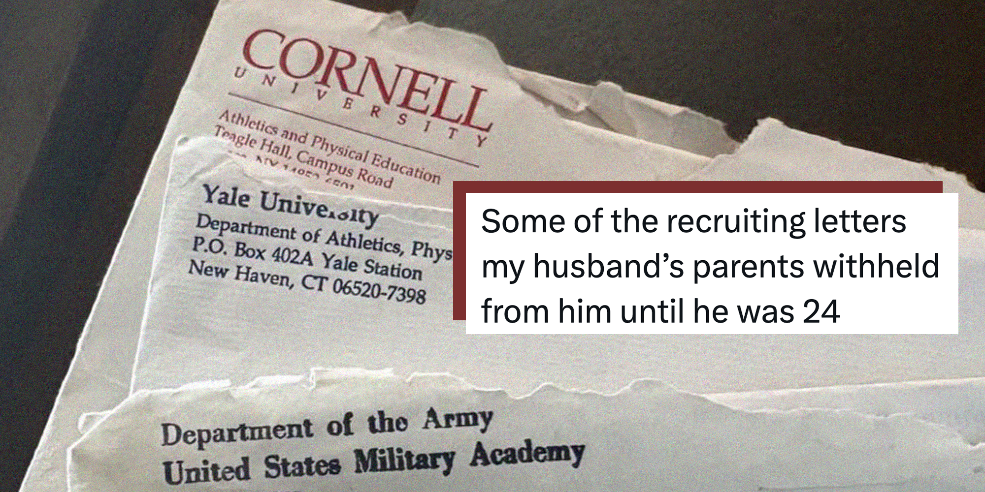 Left: Tweet reading 'Some of the recruiting letters my husband’s parents withheld from him until he was 24 because “we didn’t want to have travel far to home meets, and you aren’t that smart anyway.'' Right: Opened recruitment letters