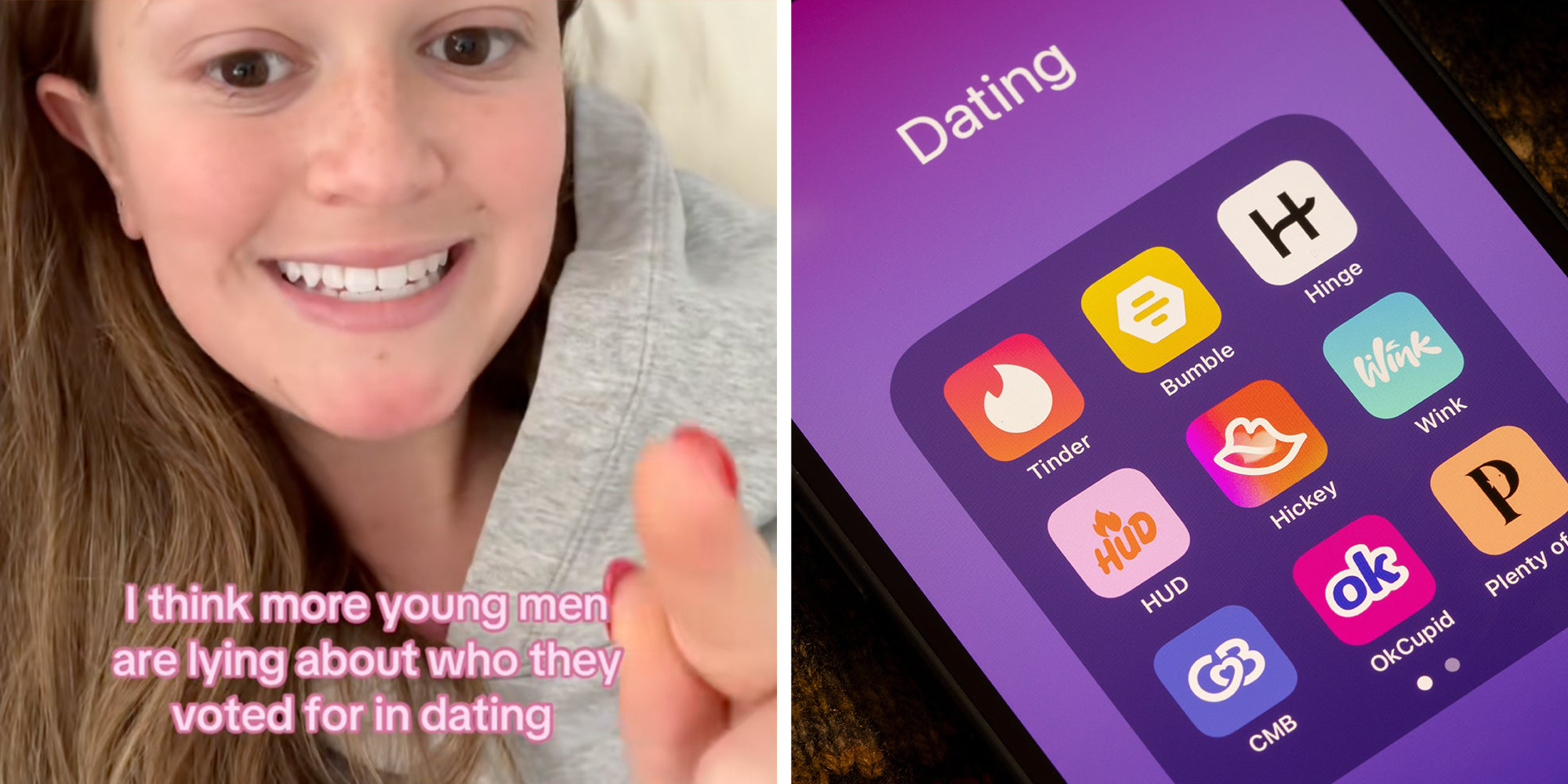 Left: Woman looking into camera, caption overlay reads, 'I think more young men are lying about who they voted for in dating.' Right: Assorted dating apps, including Tinder, Bumble, Hinge, HUD, Hickey, Wink, Coffee Meets Bagel (CMB), OkCupid, and Plenty of Fish (POF), are seen on an iPhone.