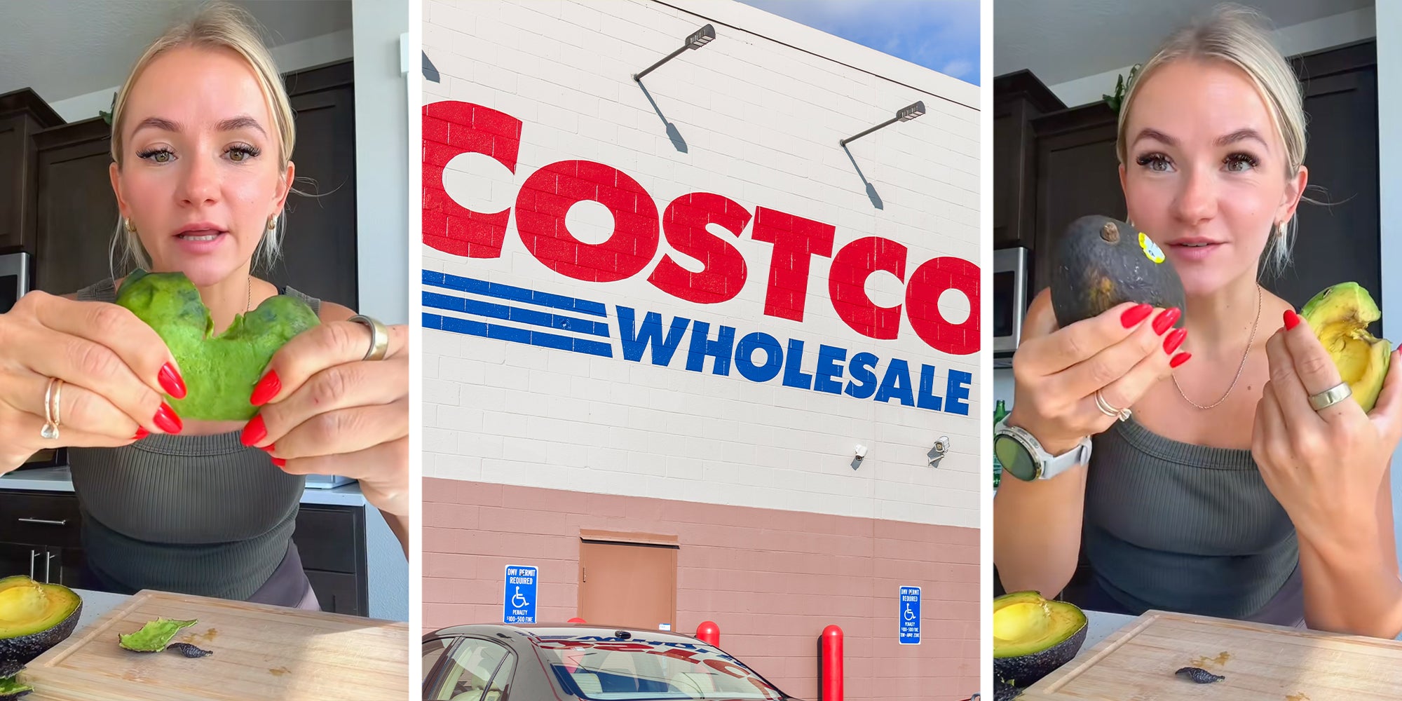 3 panel: Left and right: Blonde woman comparing two avocados, one from Costco, one from New Seasons. Middle: Costco wholesale sign on store in Virginia with parked cars and customers walking