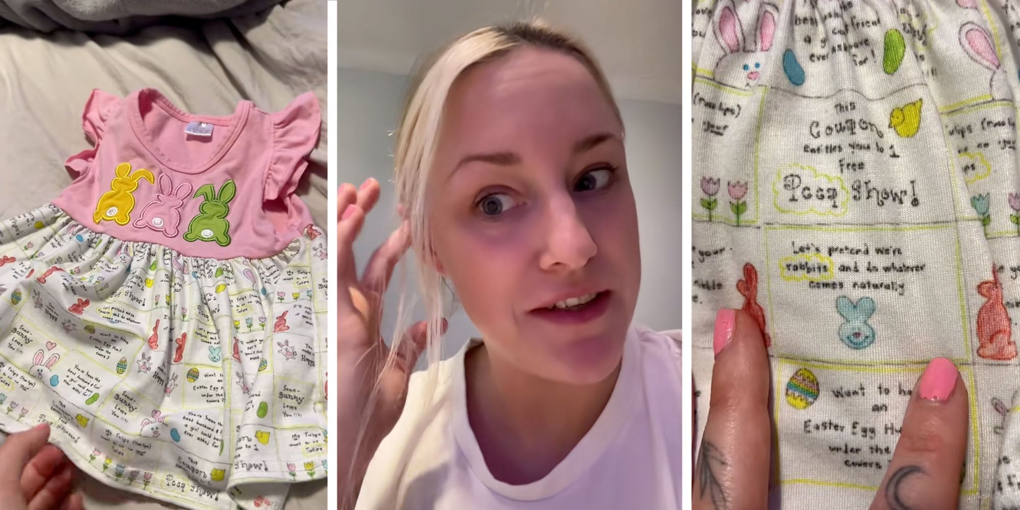 3 Panel: Left: 'Creepy' baby easter dress. Middle: Blonde woman looking stunned. Right: Inappropriate baby easter dress.