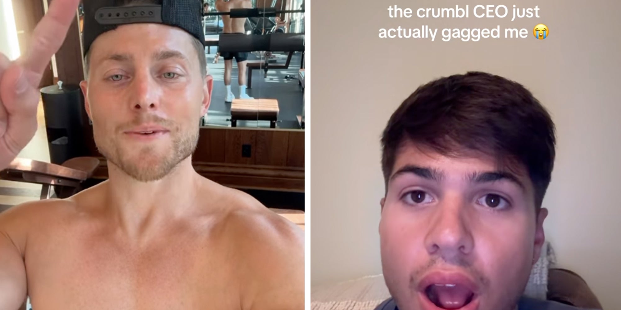 Left: Crumbl Cookies co-founder and Chief Branding Officer Sawyer Hemsley shirtless in a gym. Right: TikToker with his mouth open in surprise, caption overlay reads, 'The Crumbl CEO just actually gagged me.'