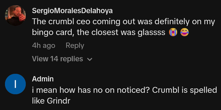 TikTok comments including one reading 'The crumbl ceo coming out was definitely on my bingo card, the closest was glassss'