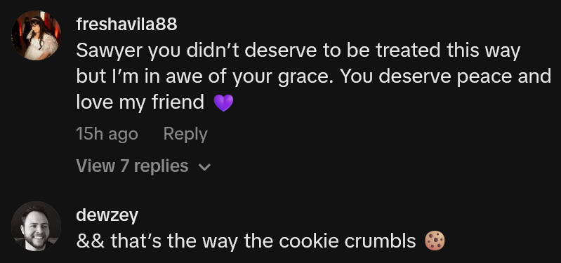 TikTok comments including one reading 'Sawyer you didn’t deserve to be treated this way but I’m in awe of your grace. You deserve peace and love my friend'